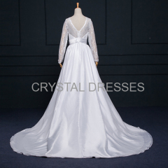 ALBIZIA Vintage White Scoop Lace Satin A Line Wedding Dresses with Handmade Flower