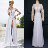 ALBIZIA Exquisite White Scoop Lace Chiffon Split A Line Sheath Floor length Wedding Dresses