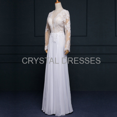 ALBIZIA Exquisite White Scoop Lace Chiffon Split A Line Sheath Floor length Wedding Dresses