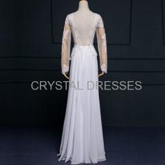 ALBIZIA Exquisite White Scoop Lace Chiffon Split A Line Sheath Floor length Wedding Dresses