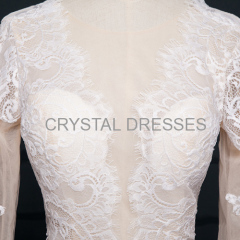 ALBIZIA Exquisite White Scoop Lace Chiffon Split A Line Sheath Floor length Wedding Dresses