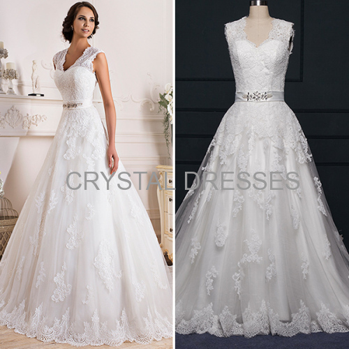 ALBIZIA Fashion Ivory Lace Tulle Keyhole Back A Line Court Train Wedding Dresses