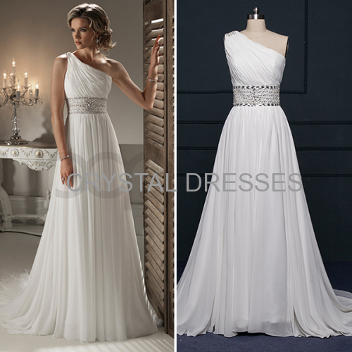 ALBIZIA Fashion White Beading Pleated Chiffon One-Shoulder A Line beach Wedding Dresses