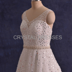 ALBIZIA Beading V-neck Sequin Organza Ball Gown A Line Sweep/Brush Wedding Dresses