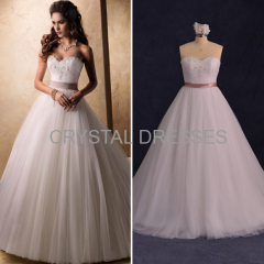 ALBIZIA Simple Ivory Pleated vintage Tulle Ball Gown Soutache/Ribbon Trim Sweep/Brush Wedding Dresses