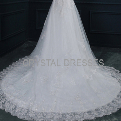 ALBIZIA sparkle White Pleated Lace Applique Tulle Ball Gown Cathedral Wedding Dresses