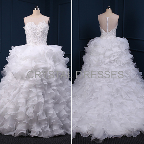 ALBIZIA White Beads Ruffles Scoop Lace Layered A Line Ball Gown Organza Contoured Wedding Dresses