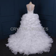 ALBIZIA White Beads Ruffles Scoop Lace Layered A Line Ball Gown Organza Contoured Wedding Dresses