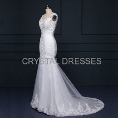 ALBIZIA Exquisite Pleated White Bateau Lace Tulle Beads Sweep/Brush Mermaid Wedding Dresses