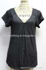 Lady's summer wear black v-neck t-shirts