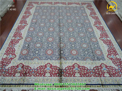 Red with Blue Point Design Silk Carpet Silk On Silk Handmade Persian Carpet
