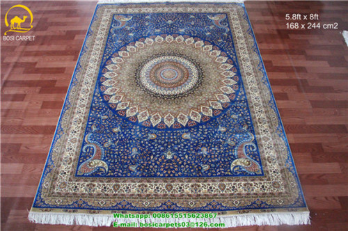 Blue Silk Carpet Middle Medal Persian Carpet 5.5x8ft Handmade Carpet