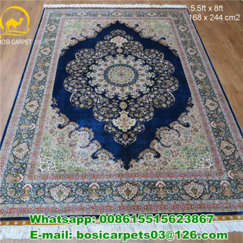 Pure Blue Silk Carpet 230lines Good Quality Home Use Carpet 100%Silk 5.5x8 Palace Carpet