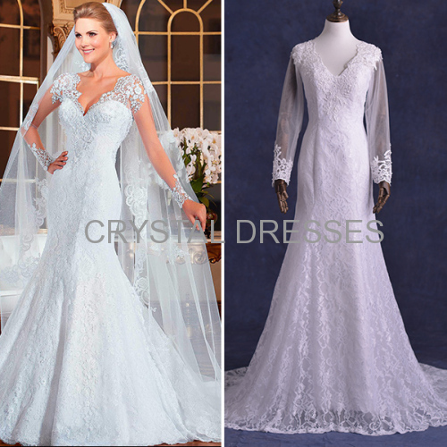 ALBIZIA high quality White Lace Tulle Beading Sweep/Brush Mermaid Wedding modest Dresses