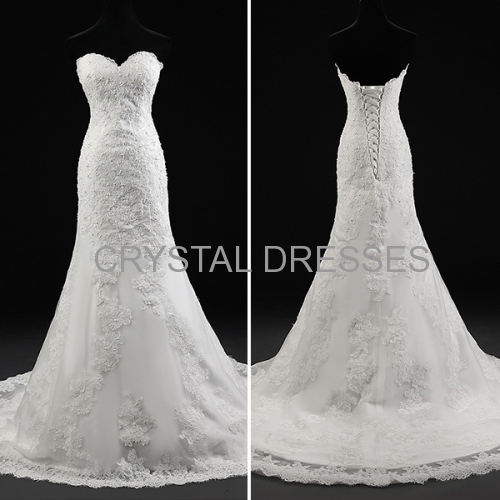 ALBIZIA Retro Ivory Lace Satin Applique Beads casual Mermaid Wedding Dresses