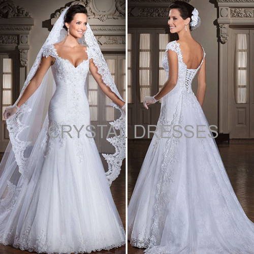 ALBIZIA Pleated White Lace Applique Beads Detachable Train Mermaid Wedding Dresses