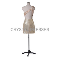 ALBIZIA Champagne One-shoulder Sheath Beading Fold\Ruffle Lace Prom Cocktail Dresses