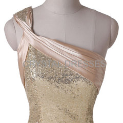 ALBIZIA Champagne One-shoulder Sheath Beading Fold\Ruffle Lace Prom Cocktail Dresses