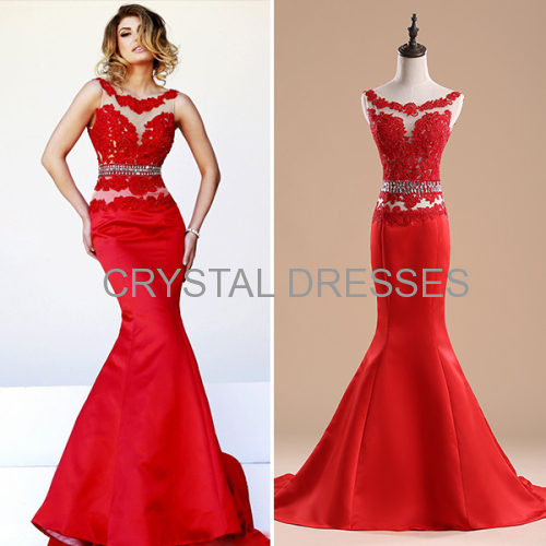ALBIZIA popular Red Lace Beading Satin Mermaid Long Prom Dresses