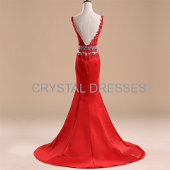 ALBIZIA popular Red Lace Beading Satin Mermaid Long Prom Dresses