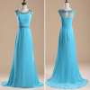 ALBIZIA popular Blue Beading Chiffon Satin Long Prom Dresses