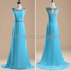 ALBIZIA popular Blue Beading Chiffon Satin Long Prom Dresses