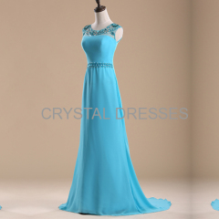 ALBIZIA popular Blue Beading Chiffon Satin Long Prom Dresses