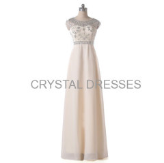 ALBIZIA Beads Cap Champagne Chiffon Long Evening Bridesmaid Prom Dress