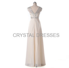 ALBIZIA Beads Cap Champagne Chiffon Long Evening Bridesmaid Prom Dress