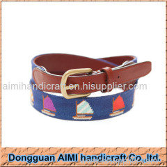 AIMI Wholelsale boat pattern leather waist belt wool thread needlepoint belt with buckle