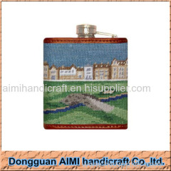 AIMI 5OZ Stainless Steel Needlepoint Genuine Leather Hip Flask
