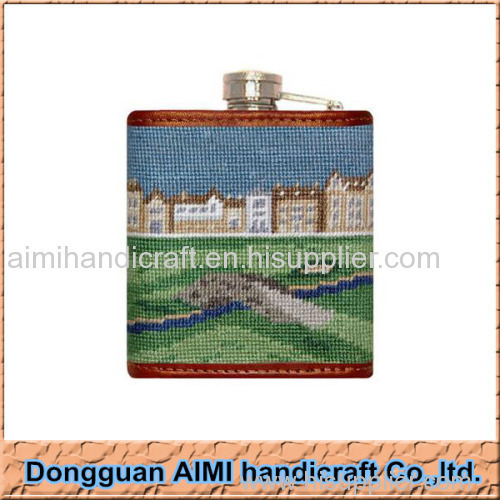 AIMI New style bear needlepoint hip flask with cowhide leather for men