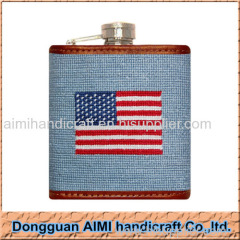 AIMI 5OZ/60Z Stainless steel material American flag needlepoint hip flask with genuine leather