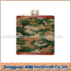 AIMI Camouflaged color needlepoint stainless steel hip flask with genuine leather wholesale