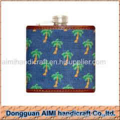 AIMI 2016 New design hip flask stainless steel body Material needlepoint hip flask with genuine leather