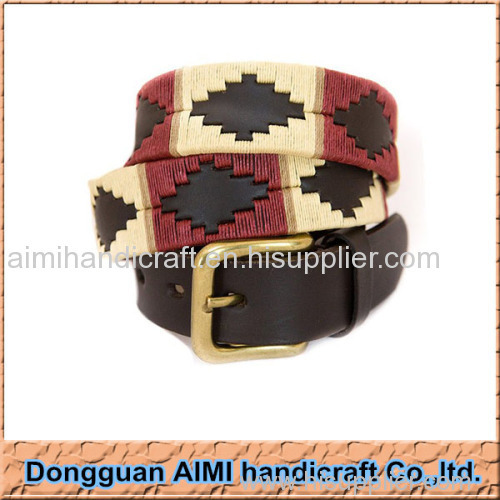 AIMI Full Grain Leather Polo Belt Threads Stitch Belt with Cream and Maroon Diamond Pattern