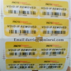 China top self-adhesive destructible label manufacturer custom rectangle warranty label with logo and Barcode