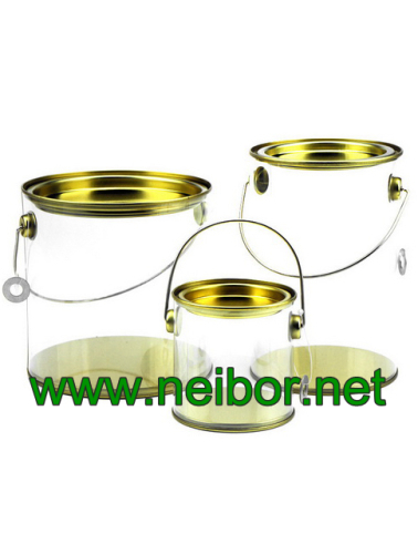 Clear Cylindrical PVC PET bucket plastic pail with tin lid and bottom paint can bucket