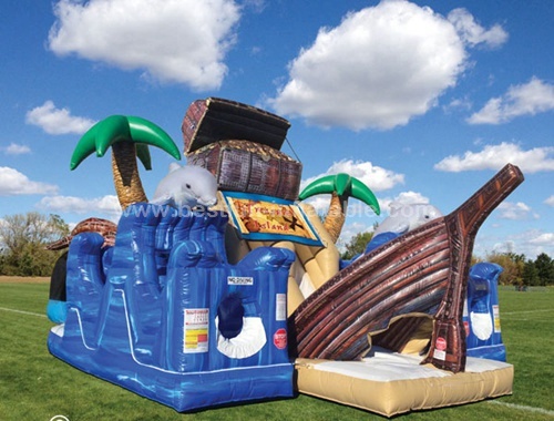 Pirate ship and treasure chest inflatable obstacle combo