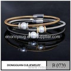 B720 Brass Material Two Tone Plated Diamond Cluster Bangle With Pearl