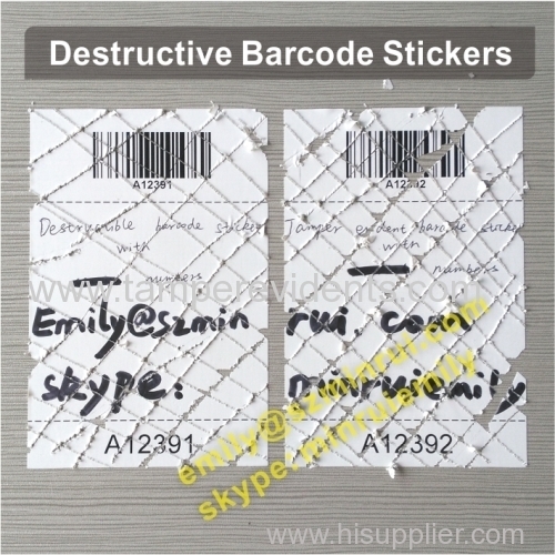 Tamper Evident Self Destructive Barcode Labels with Serial Numbers