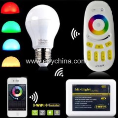 milight AC85-265V 2.4G Wireless E14 E27 GU10 RGBW RGB/WW rgb Dimmable LED spotlight Bulb lamp+4-zone RF Remote+Wifi APP