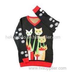 2015 Fall Christmas gift sweater soft acrylic colorful jacquard snow cat v-neck pullover