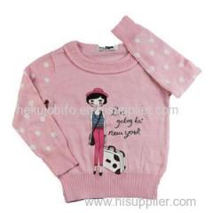 charming girl's crewneck printing pullover knitted intarsia dots lace sweater