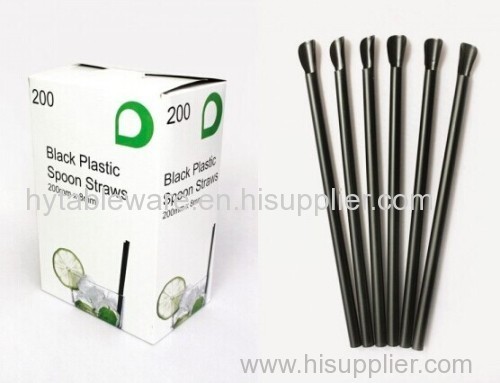 Black plastic disposable spoon straws