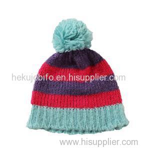 2015 fall girl's colorblock striped beanie pompom hat