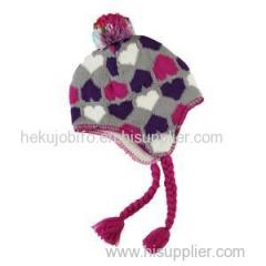2015 fall girl's jacquard heart beanie colorful pompom hat fringe ear flip cap