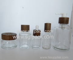 Glass bottle jar with ASH Wooden cap Pump Screw cover