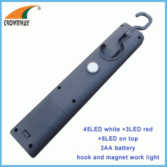 LED hook and magnet work light car repairing lamp 45+2LED+5LED high power hand lamp outdoor lantern 3*AA battery