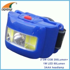 2-in-1 3W COB and 1W LED headlamp 250Lumen high power headlight 3*AAA camping lantern Fishing lamp